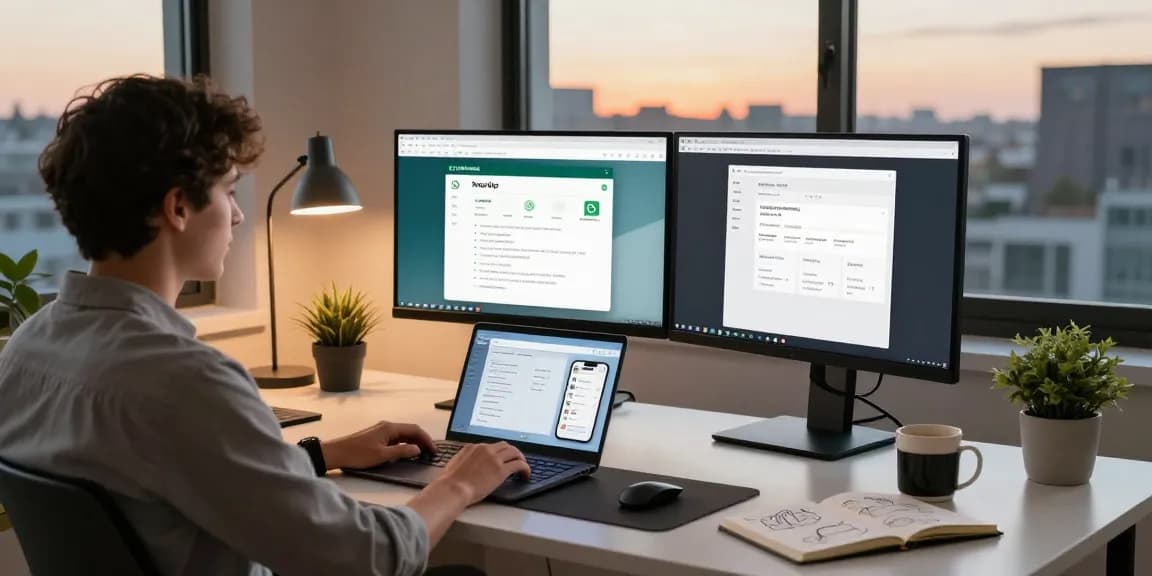 Explore WhatsApp電腦版 on a stylish home office desk with dual monitors and a laptop.