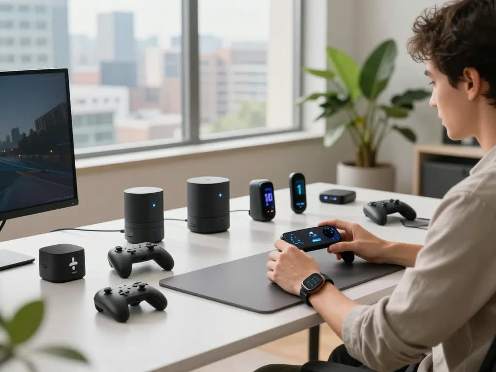 Discover the latest tech gadgets 2087 in a modern workspace with innovative Bluetooth devices.