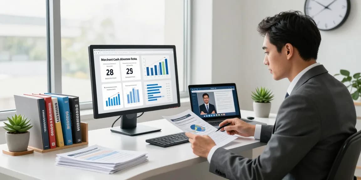 Consultant analyzing merchant cash advance rates in a modern financial office.