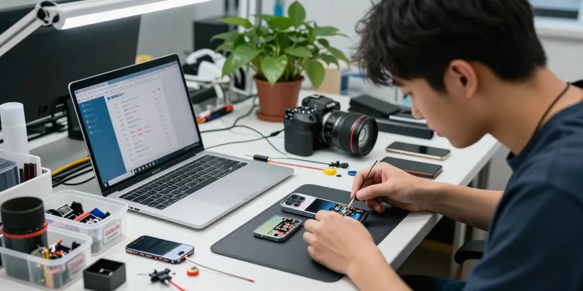 爱思助手在技术人员的维修工作台上，展示精准的iPhone设备管理和修复过程。