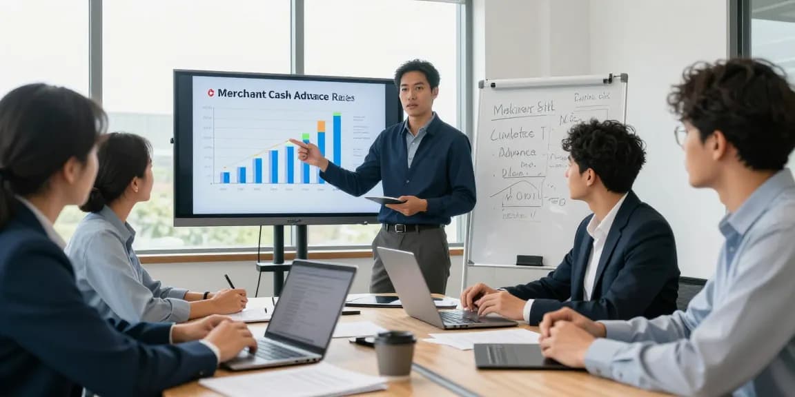 Team collaborating on merchant cash advance rates analysis in a bright office.