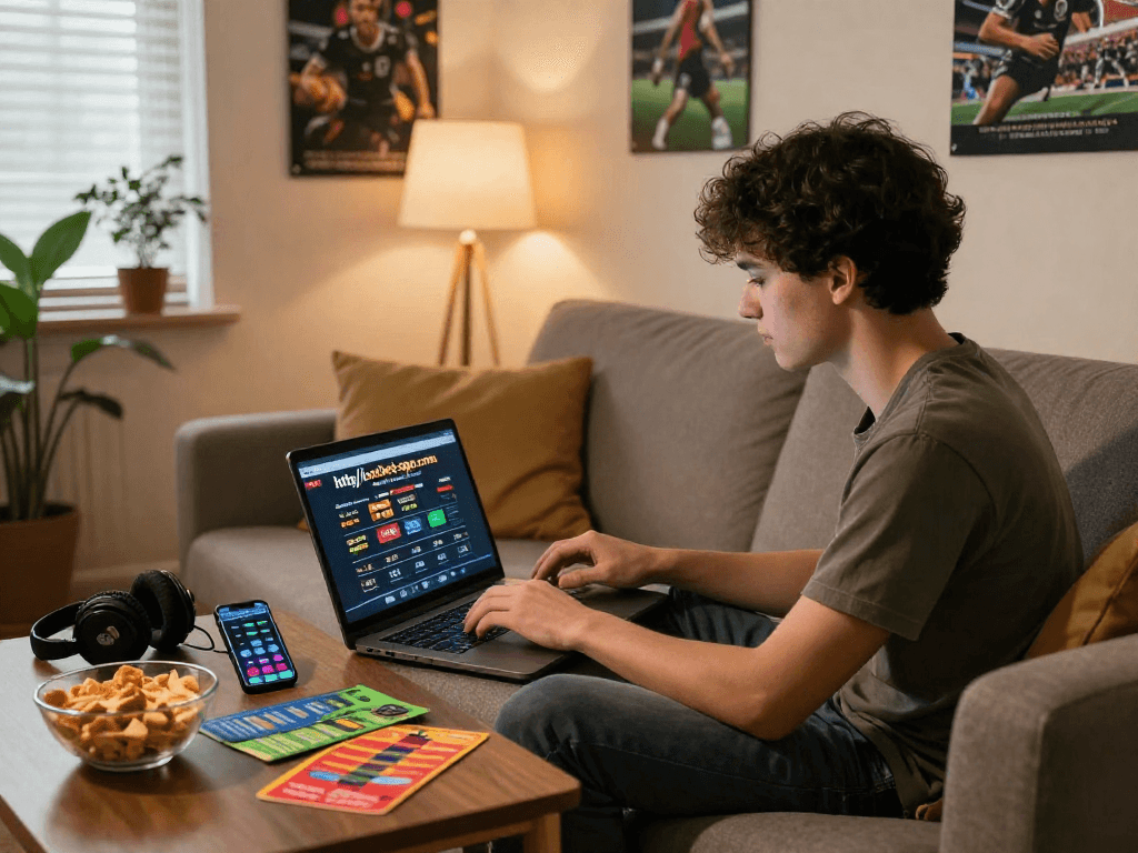 Discover the excitement of online betting with http://oxbet-app.com in a cozy home setting featuring laptop and snacks.