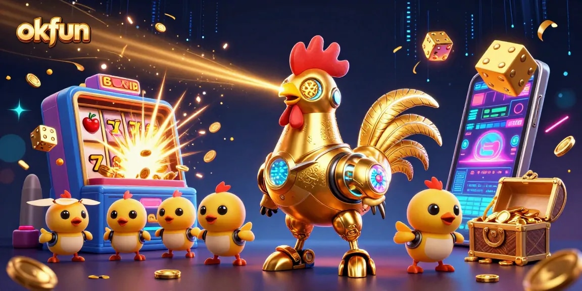Engage in exciting online gaming fun with okfun's vibrant casino illustration featuring robots and jackpot thrills.