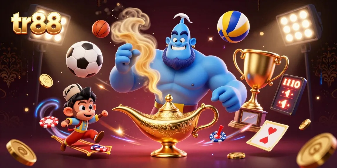 Engage in thrilling gaming adventures at tr88 with dynamic casino and sports elements around a captivating genie.
