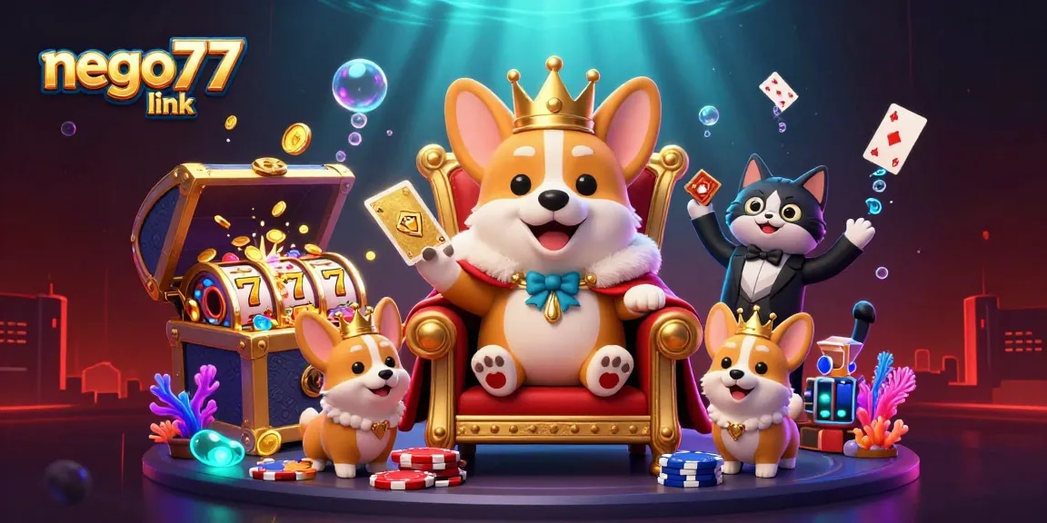 Join the fun with the nego77 link as charming corgis play amidst colorful slots and treasure!