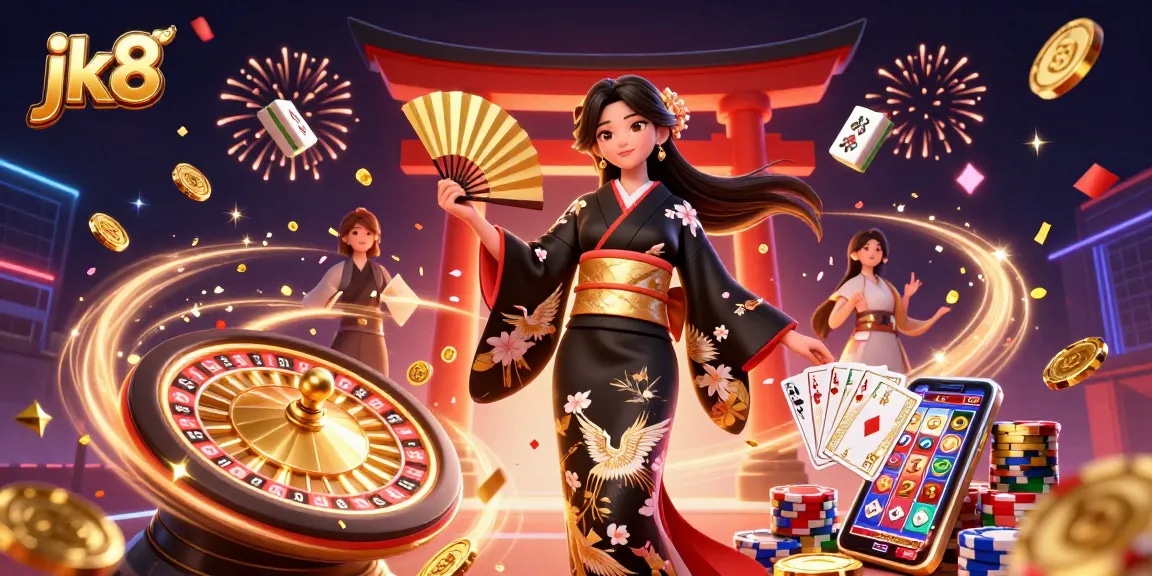 Experience the excitement of jk8 with colorful casino elements and a captivating Asian character.