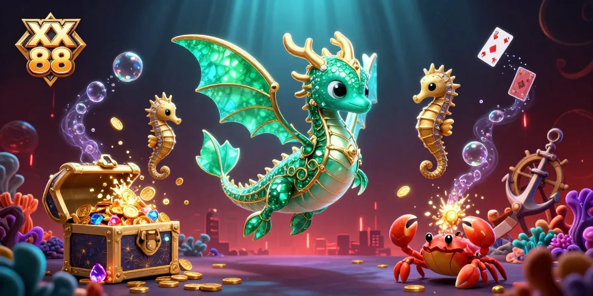 Experience the thrills of XX 88 with a vibrant underwater scene showcasing a dragon, treasure, and sparkling gems.