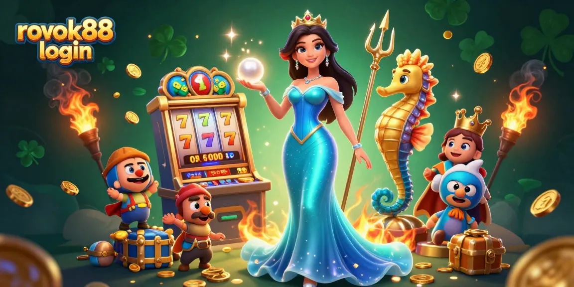 Engage in vibrant casino gaming with rokok88 login showcasing colorful slot machines and treasures.