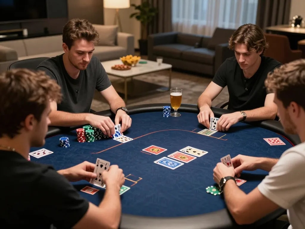 Engaging poker scene showcasing badak178 strategy among players in a luxurious home setting.