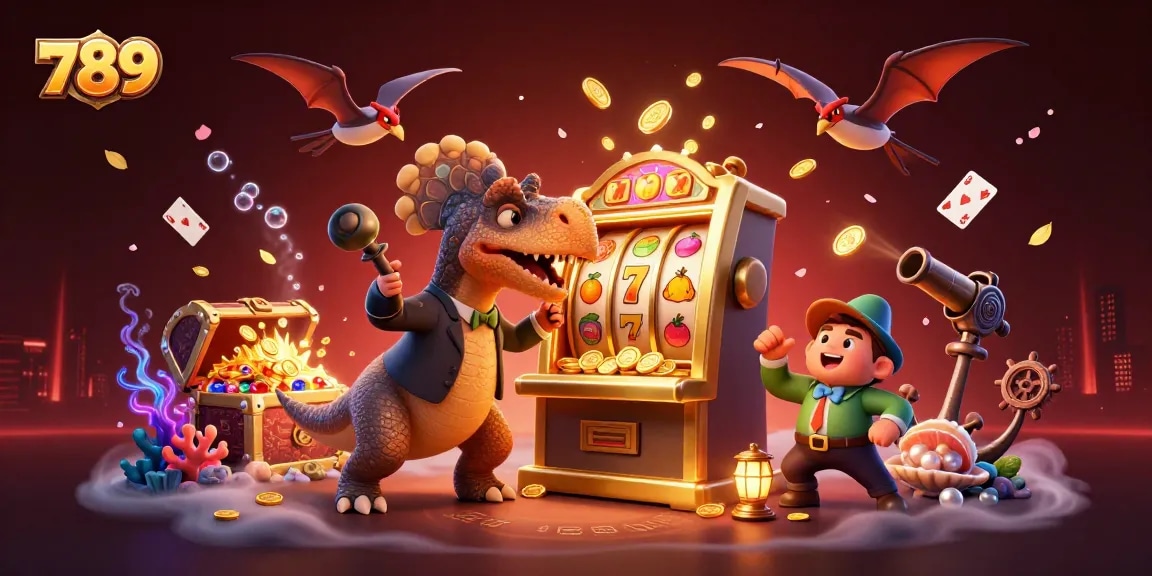 Win big with 789's exciting gaming strategy as a pachycephalosaurus interacts with a golden slot machine.