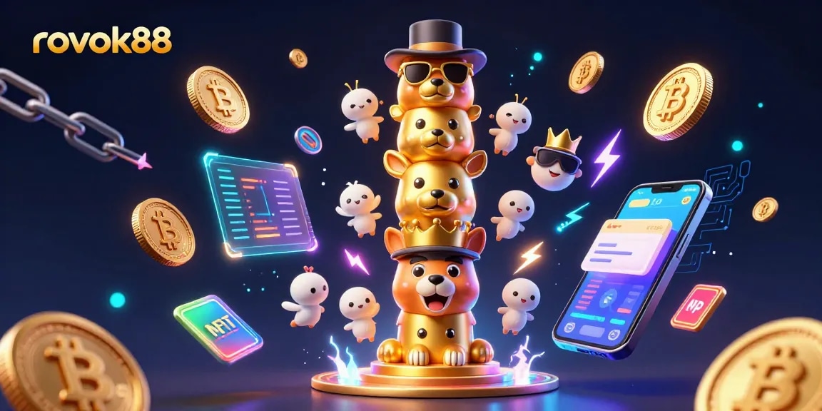 Experience the excitement of rokok88 with glowing crypto coins, vibrant totem pole, and casino elements.