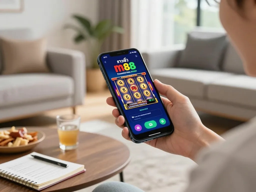 ฉากการเล่นเกมมือถือที่น่าสนใจโดยใช้แอป ทางเข้าm88 มือถือ บนสมาร์ทโฟน แสดงให้เห็นถึงการเล่นที่เต็มไปด้วยความกระตือรือร้น