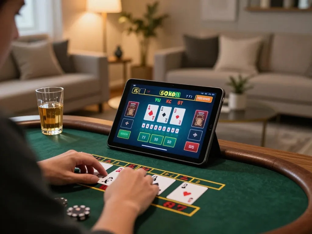 Engage in live dealer blackjack at 8kbet from a cozy home setup with a tablet.