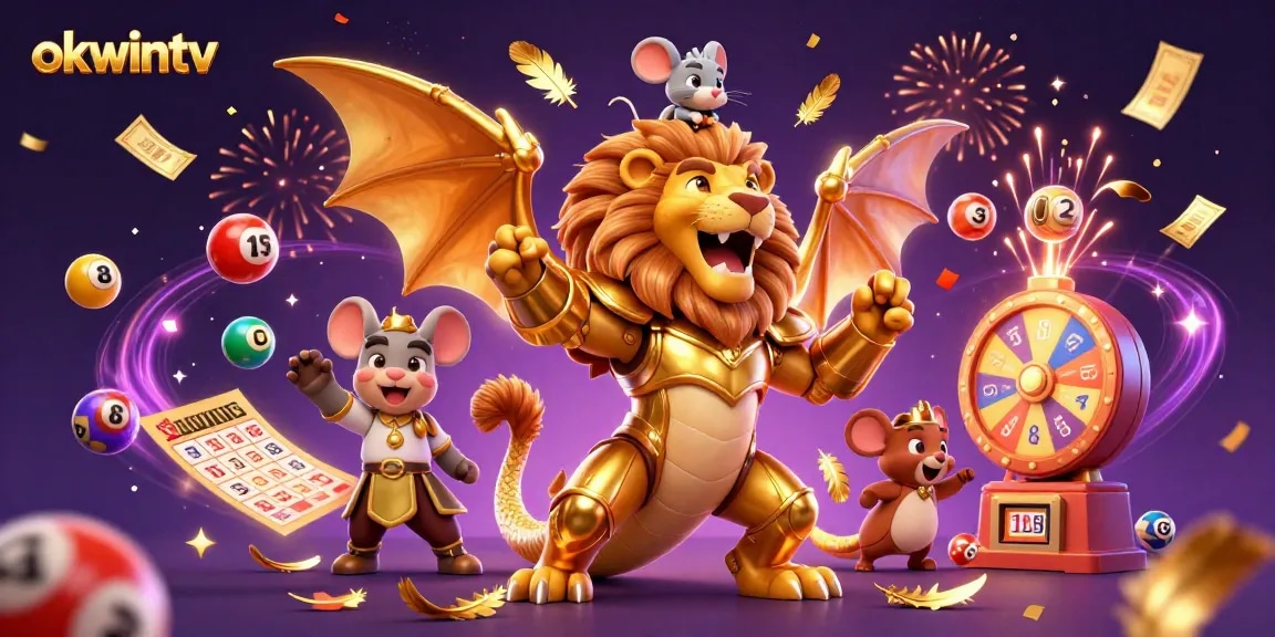 Engage with OKWINTV's thrilling online gambling experience, showcasing dynamic lottery elements and 3D characters.