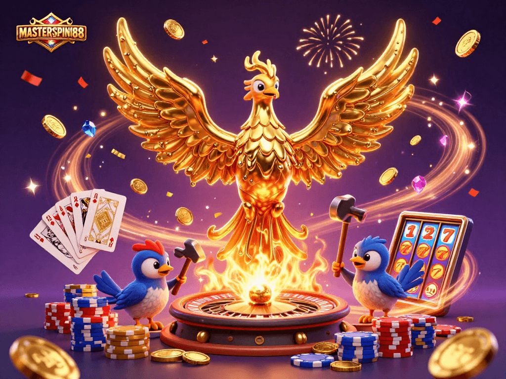 Engage with MASTERSPIN188, a vibrant 3D casino scene showcasing gaming elements and dynamic visuals.