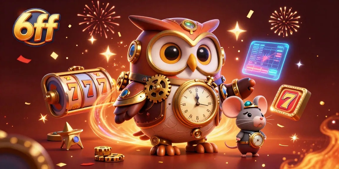 Engage with 6ff's vibrant online casino atmosphere featuring an owl and mouse amid festive slot game elements.