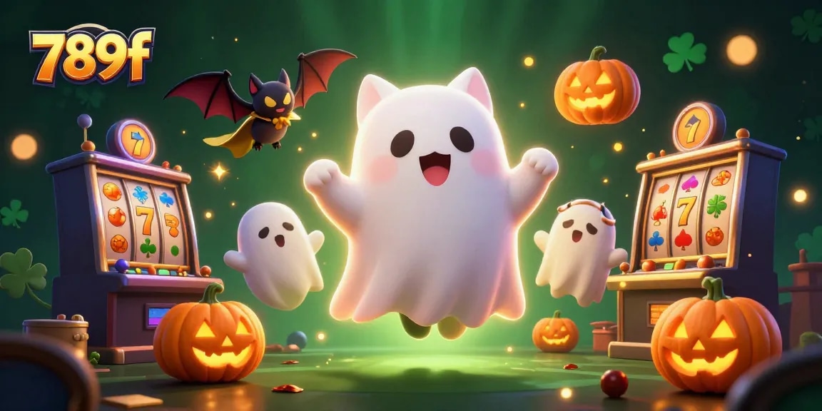 Engage with 789f’s spooky casino scene featuring slot reels, a friendly ghost cat, and a vampire bat.