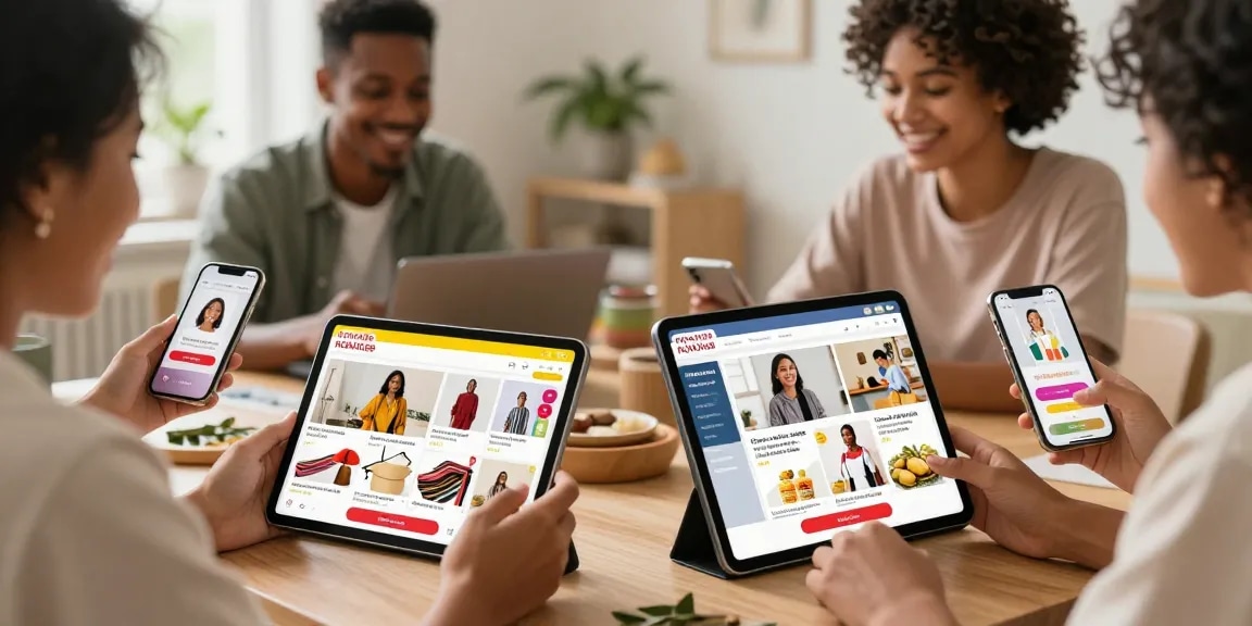 Engaged customers using rokok88 login to shop local artisan products digitally in a vibrant marketplace.
