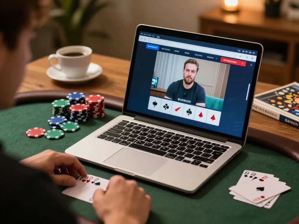Engaging online poker gameplay at https://tr88.bio/ with colorful chips and cards on laptop.