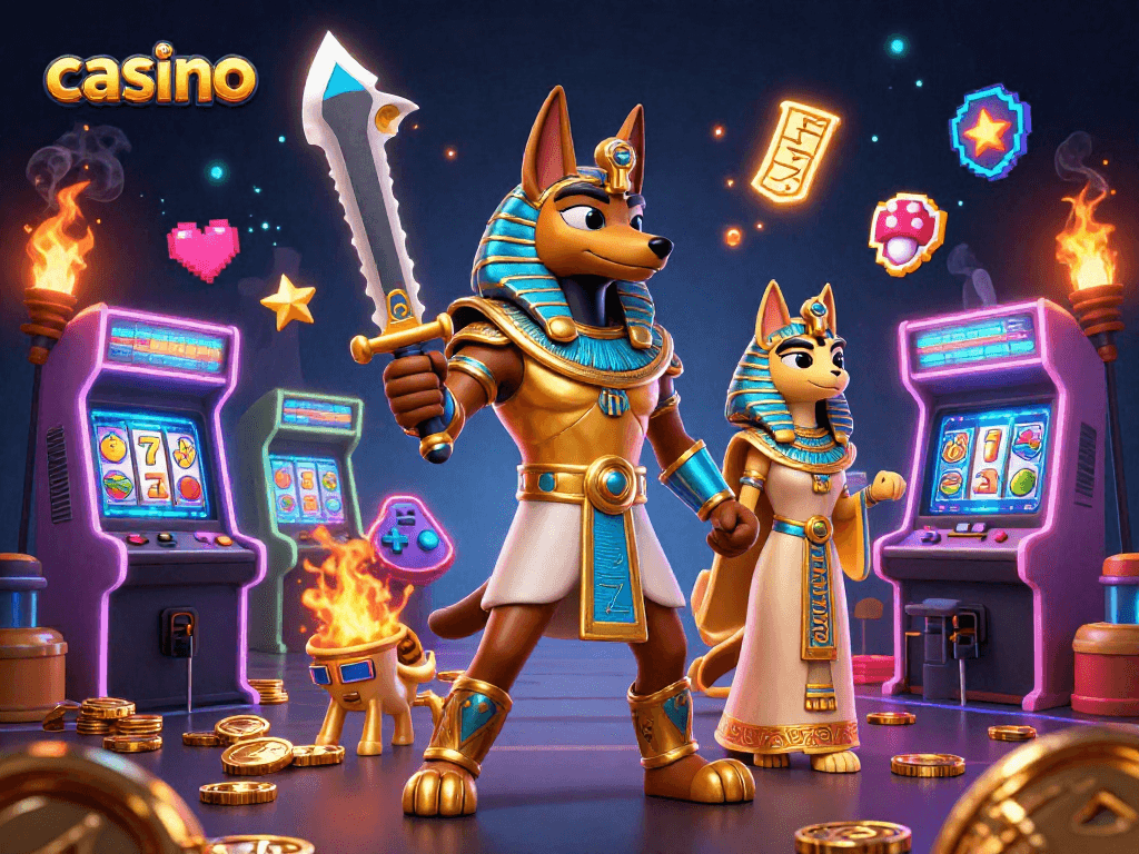 Capture exhilarating casino action featuring Anubis and Bastet amid vibrant slot reels and arcade machines.
