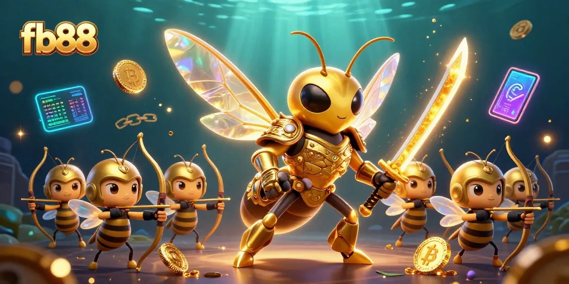 Engage in thrilling games at fb88, featuring a vibrant samurai hornet surrounded by digital crypto elements.