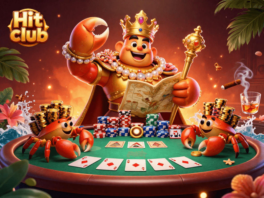 Experience the excitement at Hit club with a vibrant poker scene featuring a golden crab emperor and lavish casino elements.