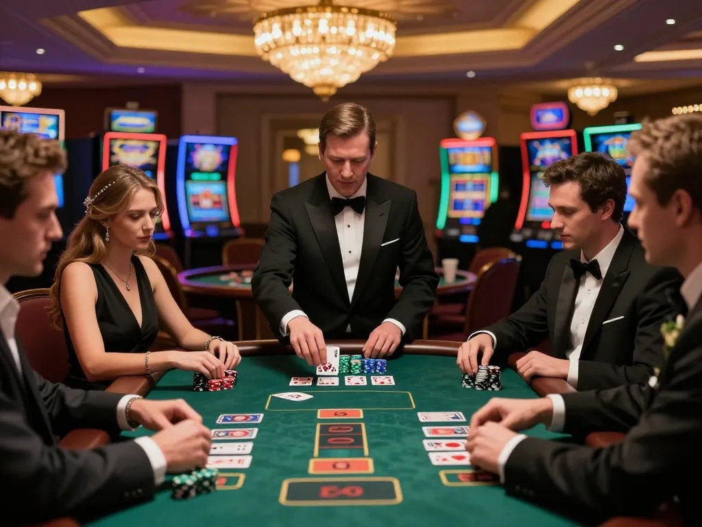 Players engaging in high-stakes blackjack at 8kbet's luxurious casino, experiencing excitement and strategy.