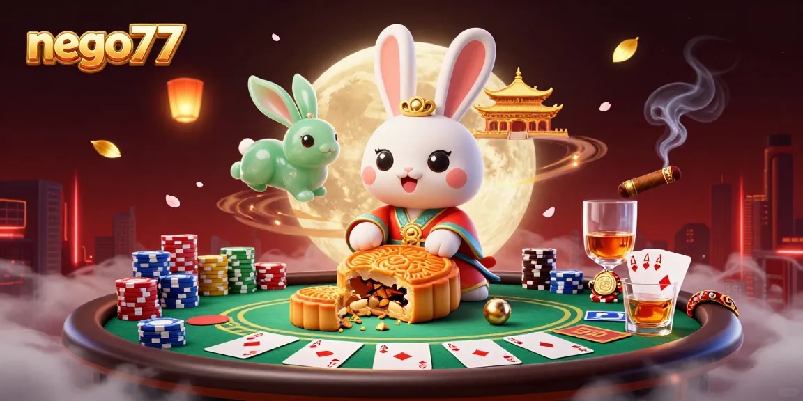 Experience exciting gaming at nego77 with a captivating scene of folklore rabbit characters amid poker chips and rich casino elements.