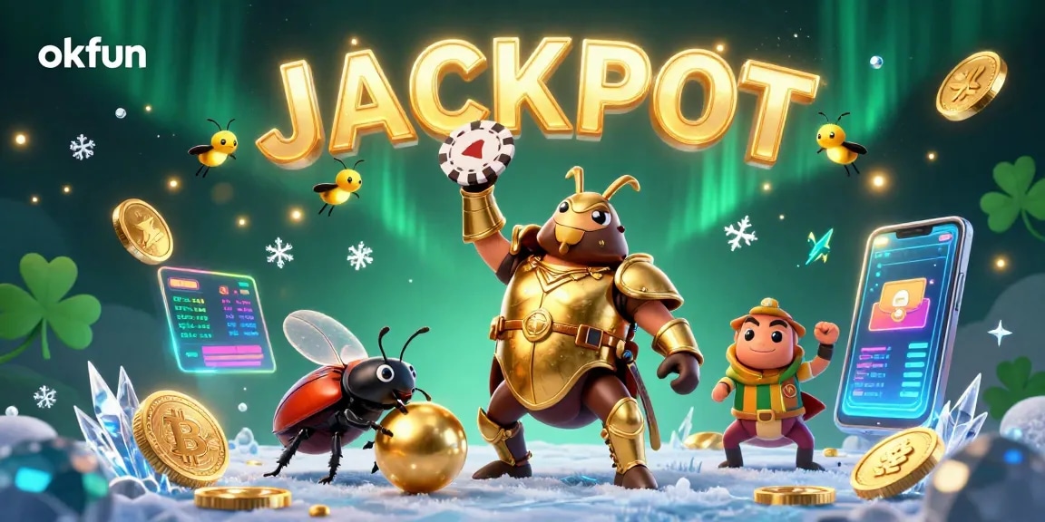 Experience the thrilling excitement of okfun, with cartoon beetles celebrating a jackpot amidst crypto elements.