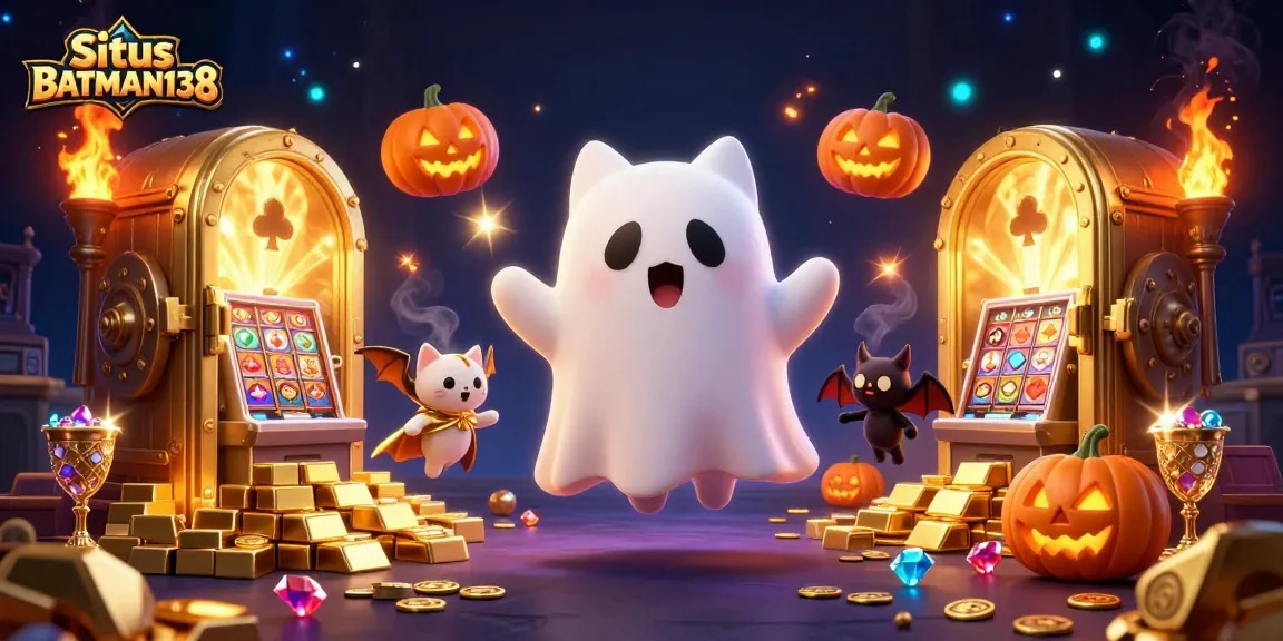 Situs BATMAN138 gaming scene featuring a ghost cat and vampire bat in a dynamic haunted casino atmosphere.
