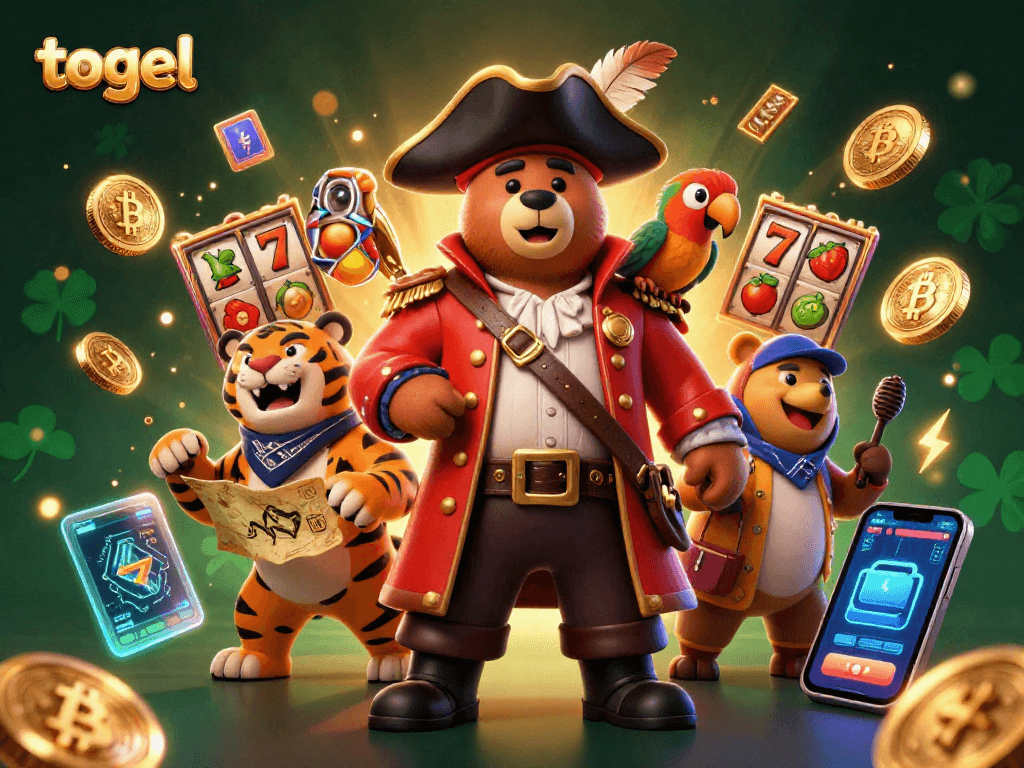 Experience the thrill of togel with a lively scene depicting a captain bear, tiger, and parrot surrounded by vibrant slot machines and Bitcoin coins.