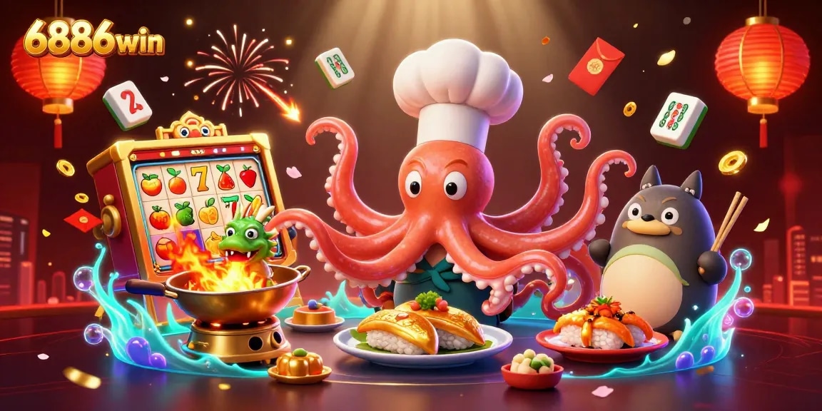 Experience excitement at 6886win as a chef octopus prepares golden dishes while a dragon breathes fire.