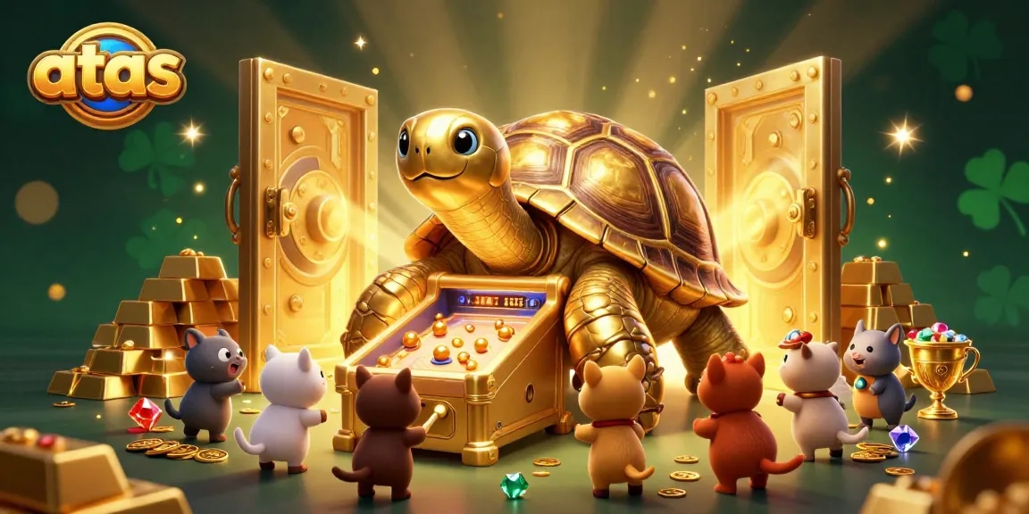 Engage with the exciting at AS gaming scene featuring a colossal tortoise pinball machine and treasure bursts.