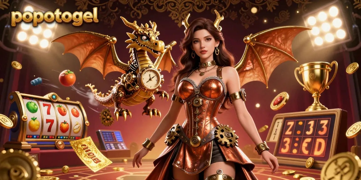 Experience thrilling gaming action with popotogel's vibrant 3D illustration featuring slots and dynamic game elements.