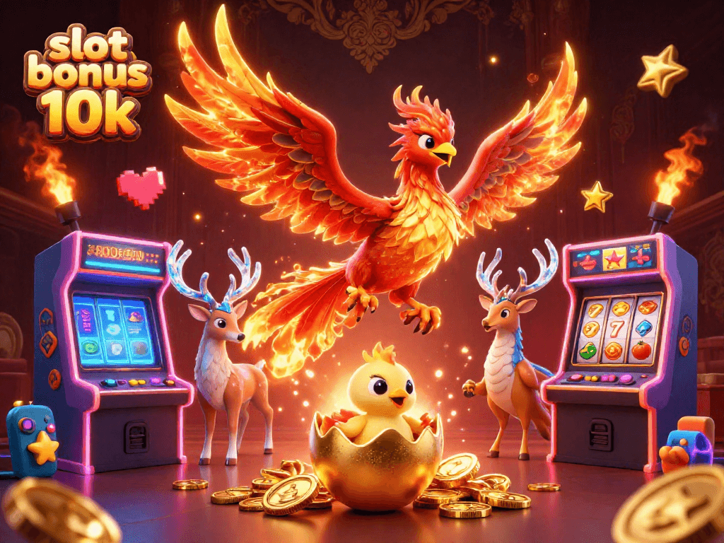 Experience excitement with slot bonus 10k illustrated in a vibrant casino scene featuring slot reels and phoenix characters.