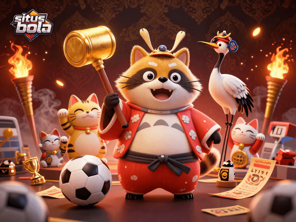 Engage in situs judi bola with a vibrant scene of raccoon and lucky cats celebrating sports betting.