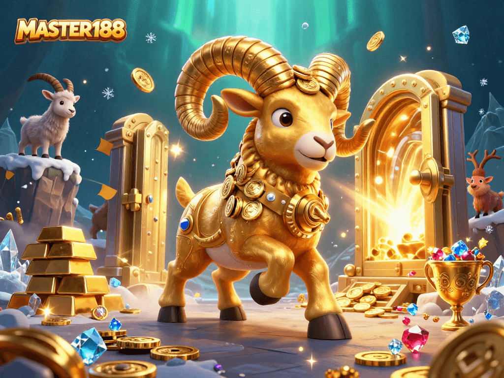 MASTER188 features a golden ram charging towards a treasure vault, showcasing the thrill of betting.