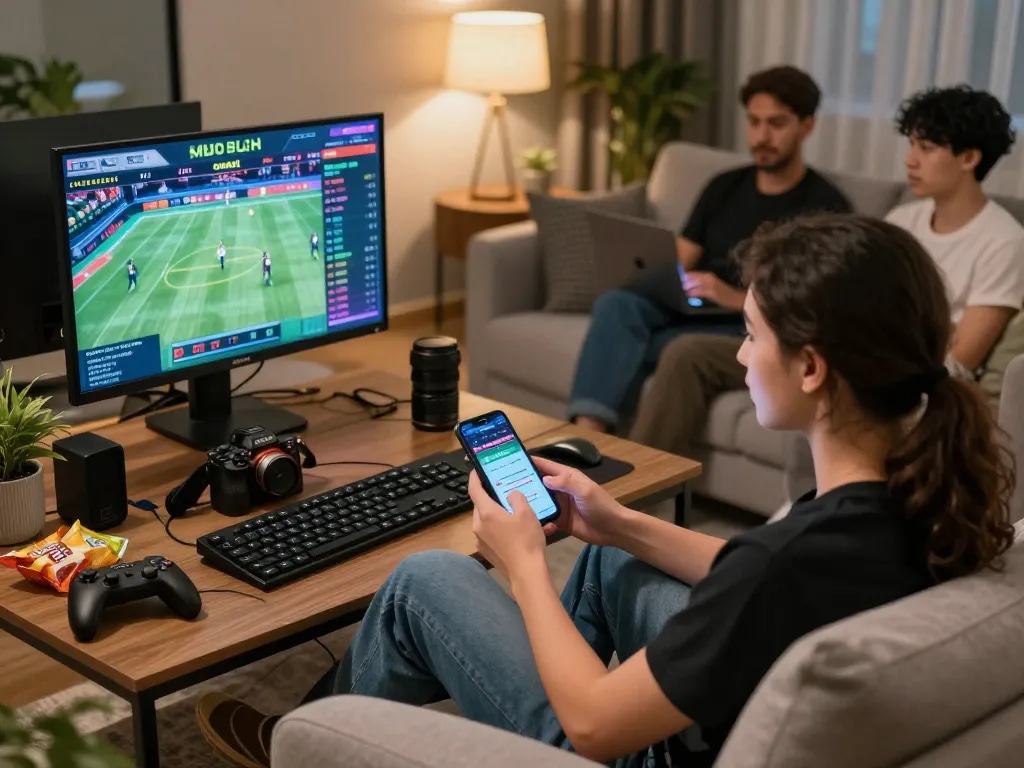 Engaged group enjoying online betting at https://mm88.day/, showcasing a modern gaming environment with excited participants.