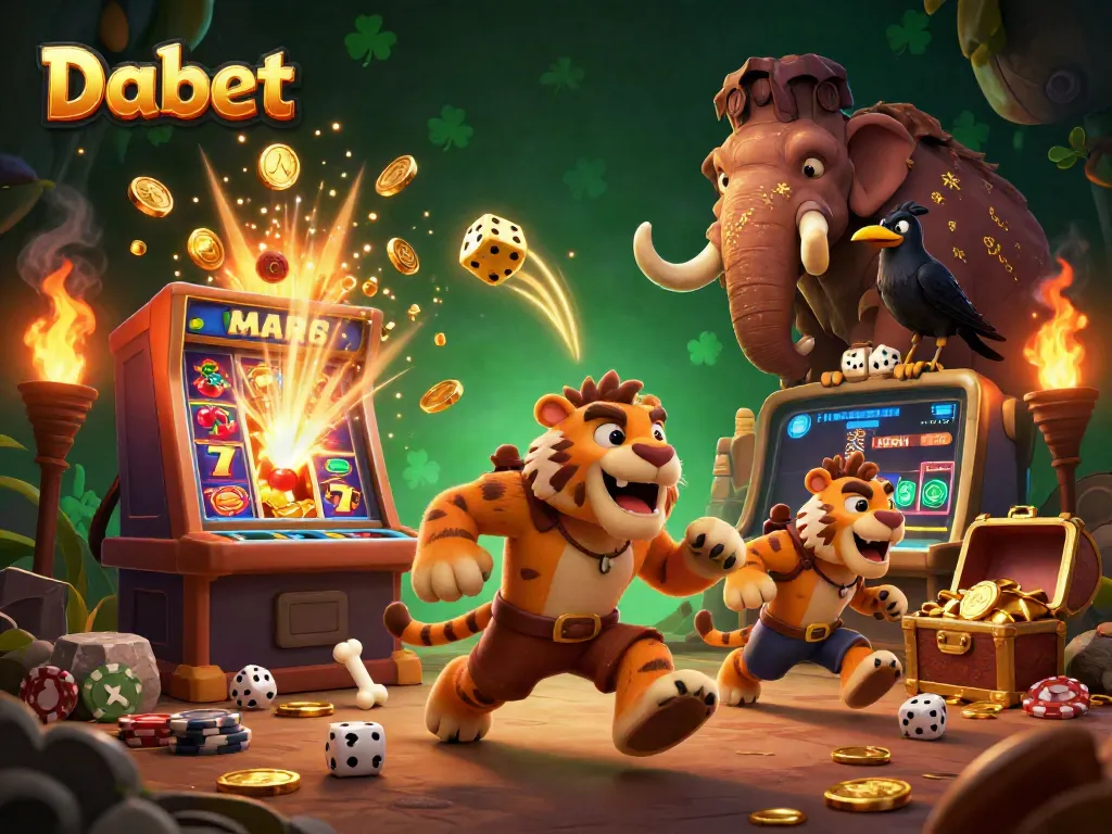 Experience the excitement of Dabet with a dynamic prehistoric casino scene bursting with color and fun.
