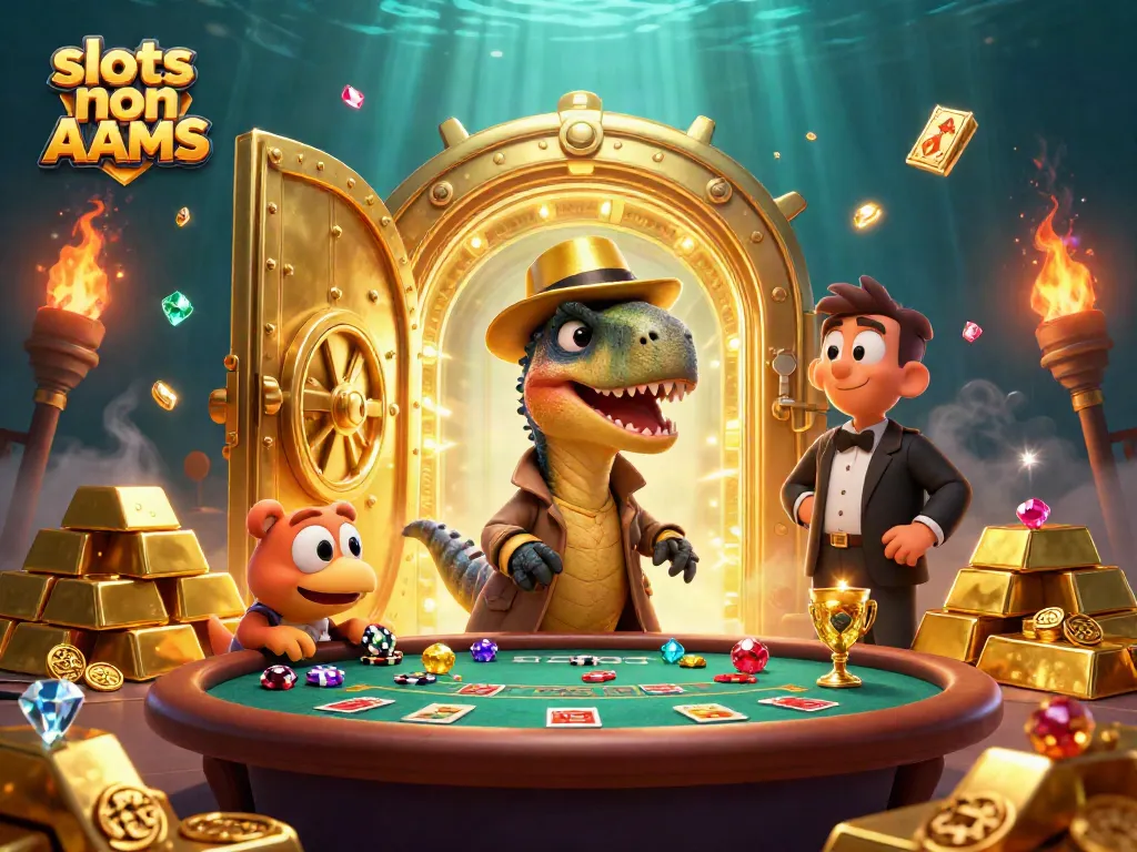 Gioca a slots non AAMS con un velociraptor al tavolo da blackjack, circondato da gemme e tesori.