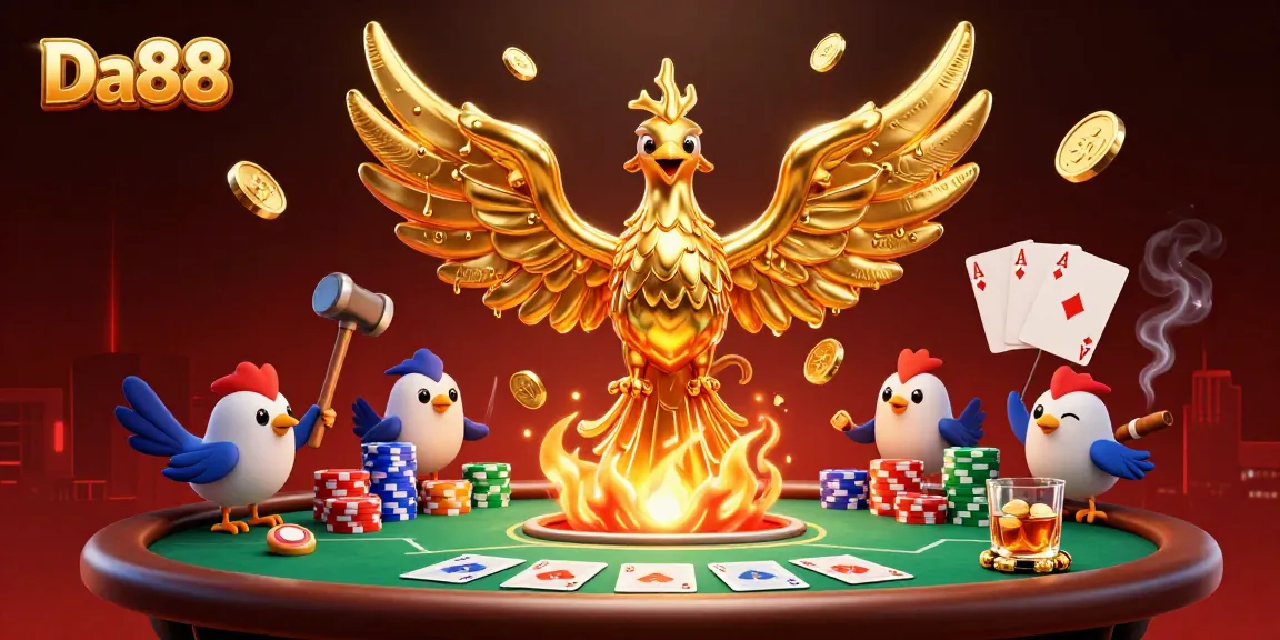 Experience thrilling gameplay at Da88 with striking golden phoenix and poker elements.