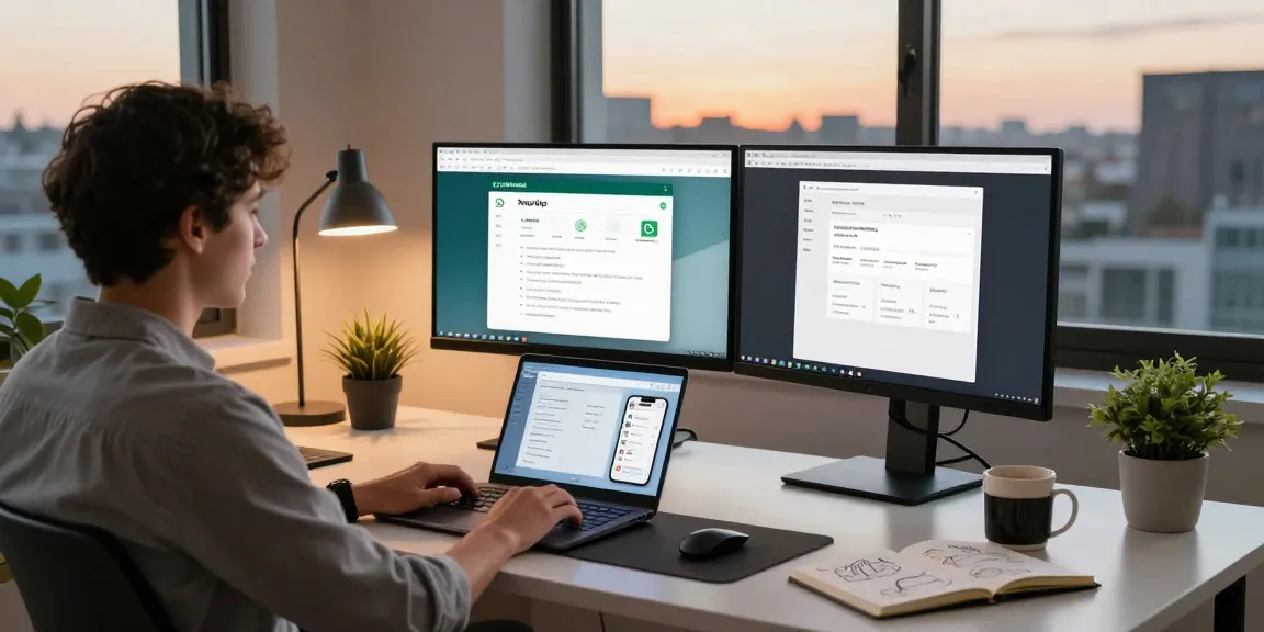 Explore WhatsApp電腦版 on a stylish home office desk with dual monitors and a laptop.
