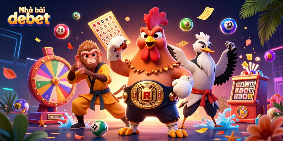 Engage with Nhà cái debet in a vibrant, celebratory 3D casino art featuring lottery elements and martial arts.