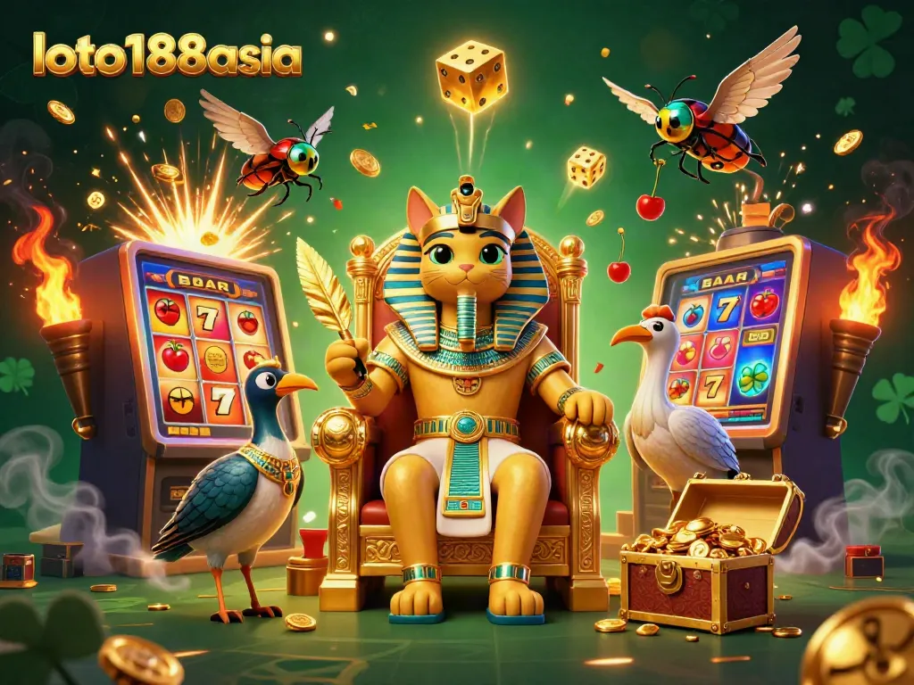 Spin and win with loto188asia-themed 3D casino illustration showcasing a pharaoh cat and golden treasures.