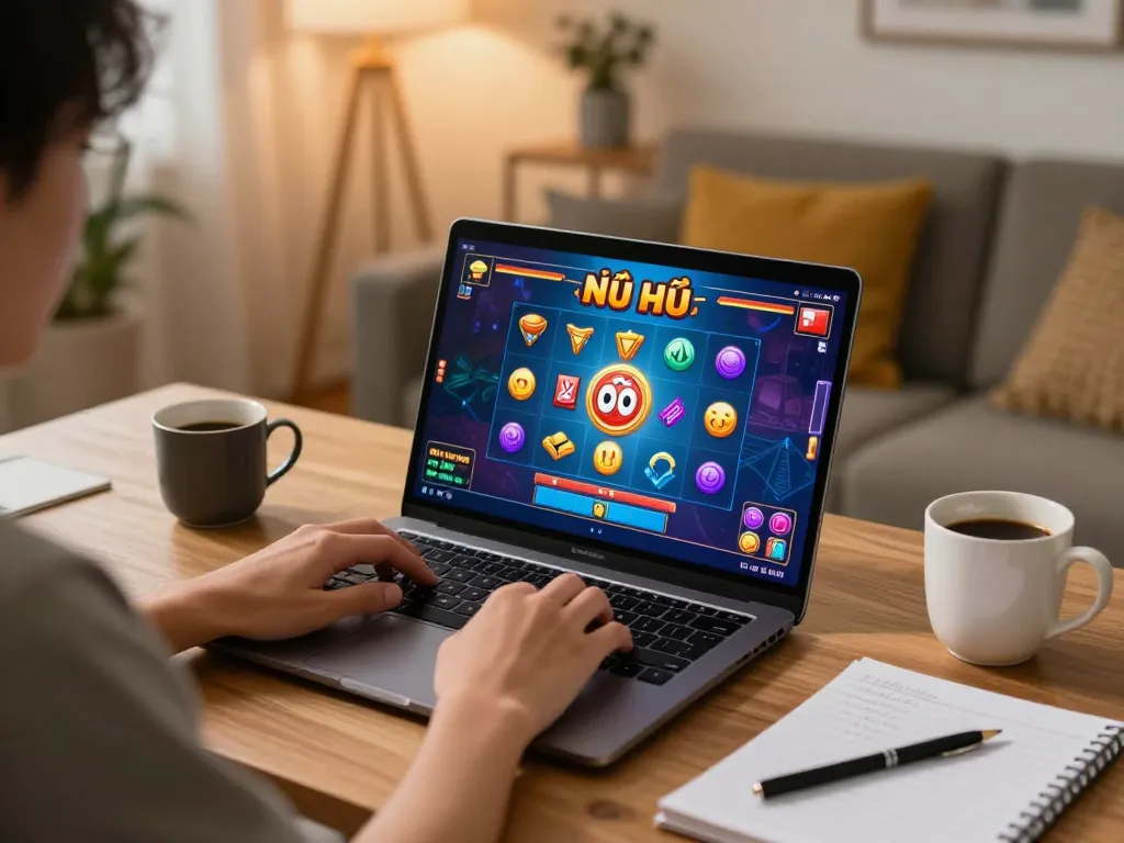 Player enjoying Nổ Hũ online game on laptop with coffee and strategy notes
