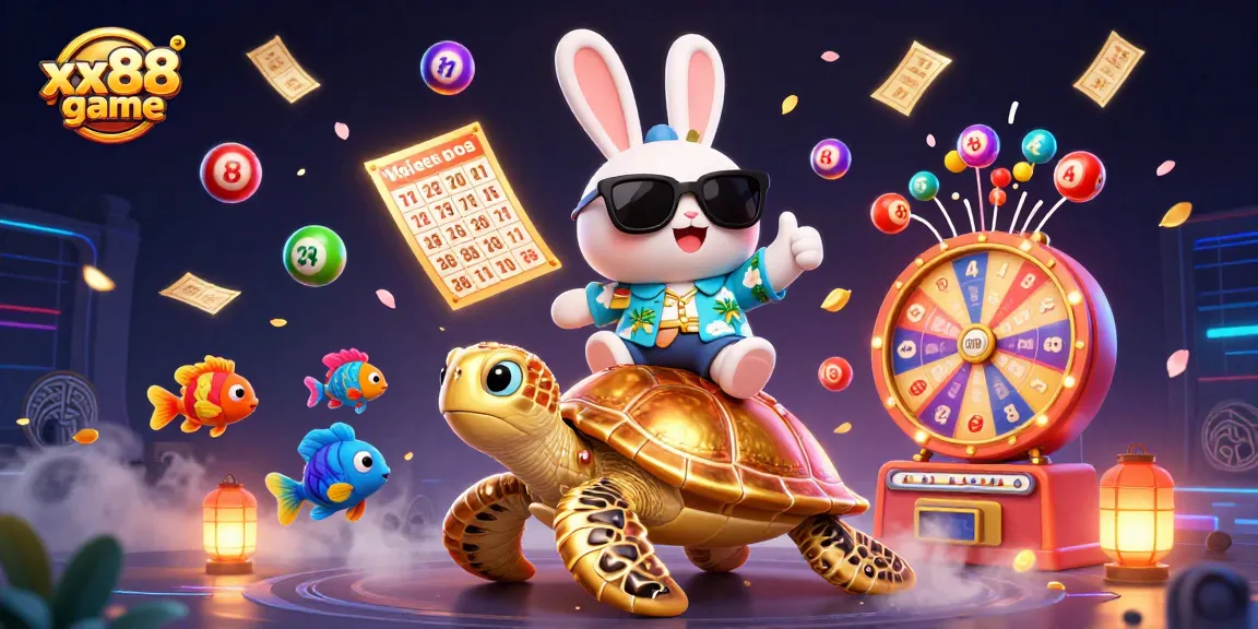 Experience the excitement of xx88 game with a lucky rabbit and golden sea turtle in a vibrant casino paradise.