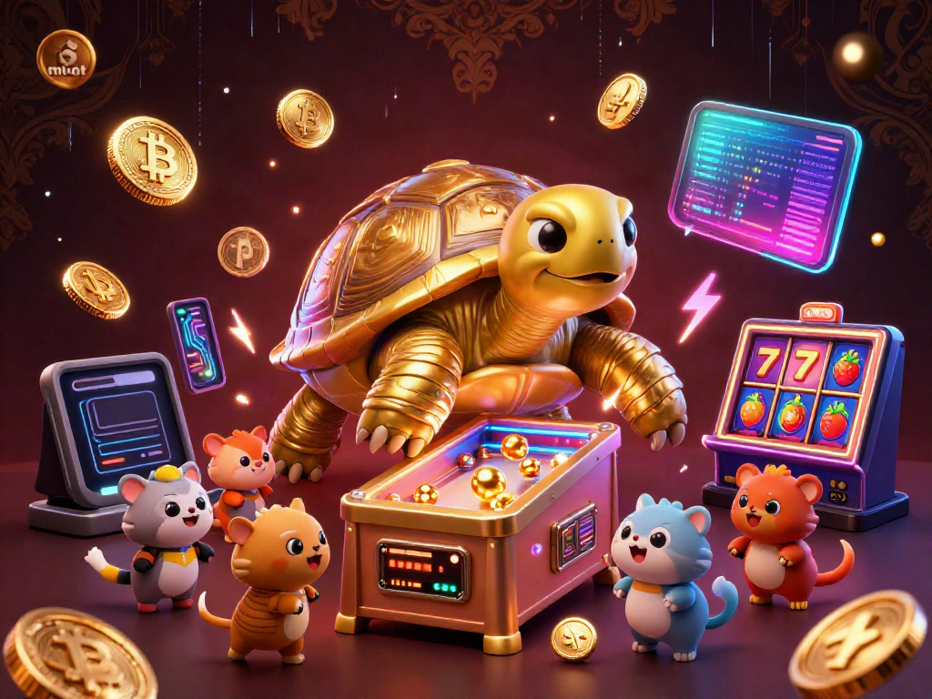 Engage with the vibrant mubet scene featuring a golden tortoise pinball machine set in a lively casino atmosphere.