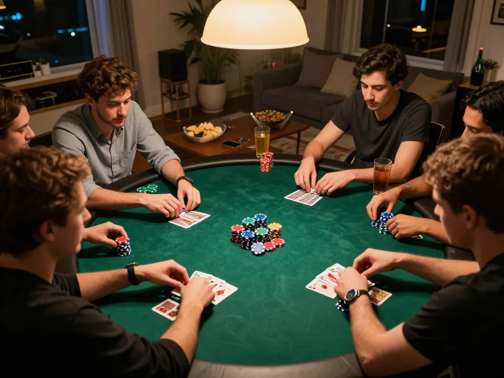 Friends enjoying a poker night at home, showcasing interactive gameplay and atmosphere at f168