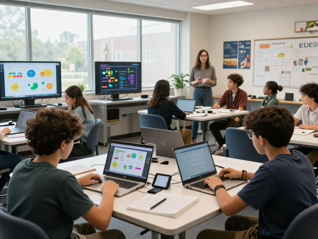 Students exploring digital curriculum materials at https://rokok88.live in a vibrant classroom setting.