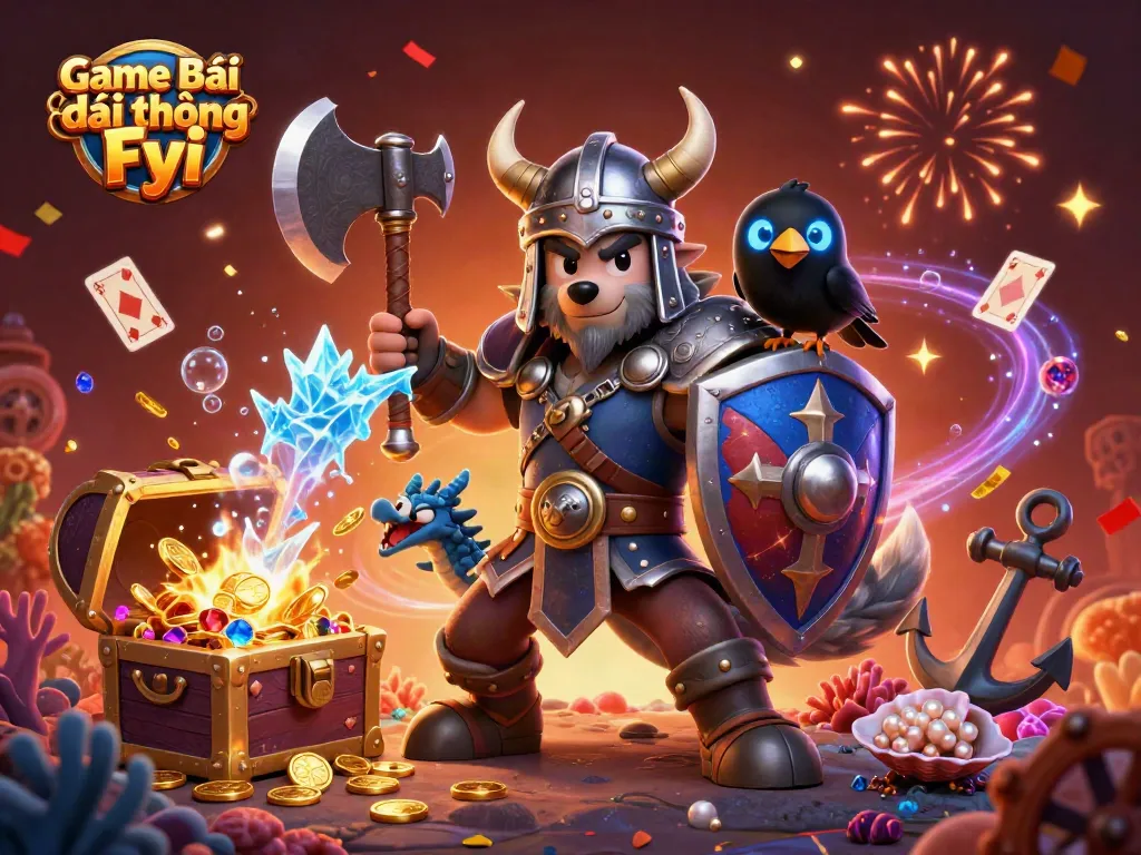 Engage with Game Bài Đổi Thưởng Fyi in this vivid 3D scene featuring a Viking warrior and treasure elements.